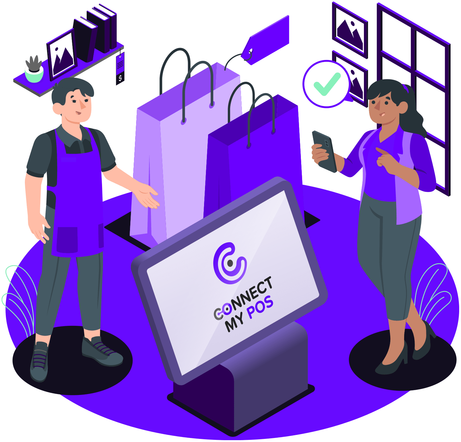 Shopkeeper and customer connected through the ConnectMyPos till